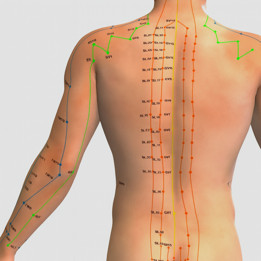 Acupuncture meridian chart on back and arms showing key acupoints for neck and back pain relief.