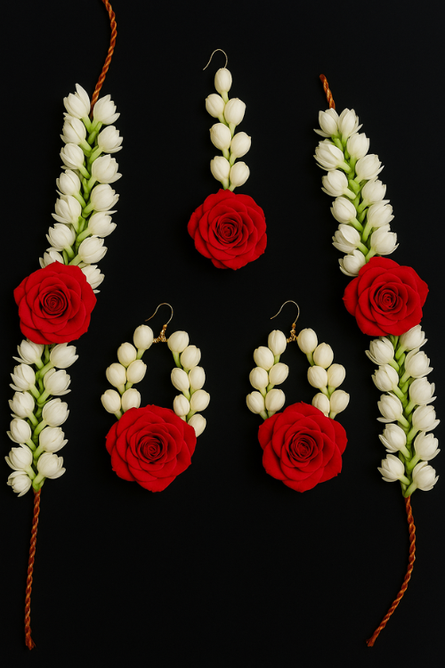 Flower Jewellery Workshop in Chennai — jasmine and red rose floral jewellery set displayed beside Iyali workshop details.
