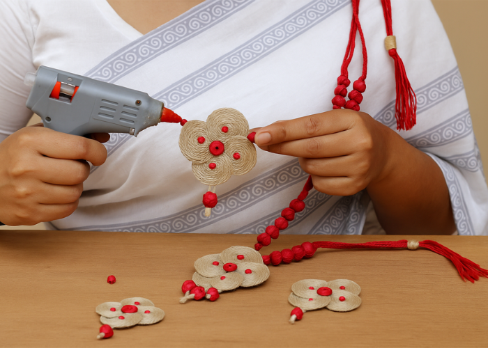 Woman crafting handmade jute jewellery using a glue gun and red beads at Iyali’s Jute Jewellery Workshop in Chennai.