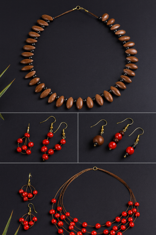 Handcrafted seed jewellery pieces including tamarind seed necklaces and red seed earrings displayed for Iyali’s Seed Jewellery Workshop in Chennai.