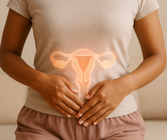Woman holding her lower abdomen with an illustrated glowing uterus overlay, representing women’s hormonal and reproductive wellness.