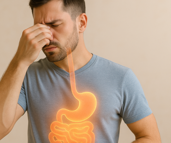A man holding his forehead in discomfort with a glowing digestive system illustration on his torso, representing internal wellness and digestive support.