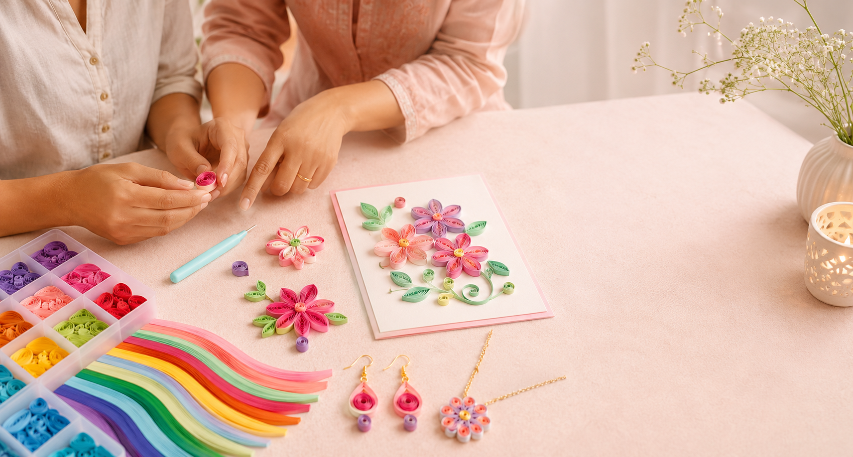 Beginner learning paper quilling tools and rolling techniques during Iyali workshop
