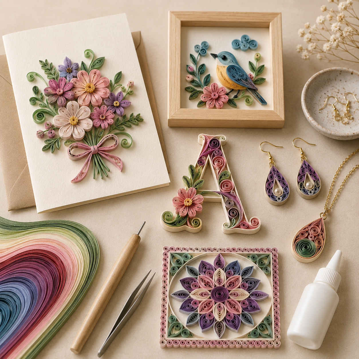 Colourful paper quilling flower designs created in Iyali’s hands-on art workshop