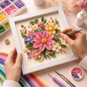 Paper Quilling Classes in Chennai with learners shaping flower designs from paper strips