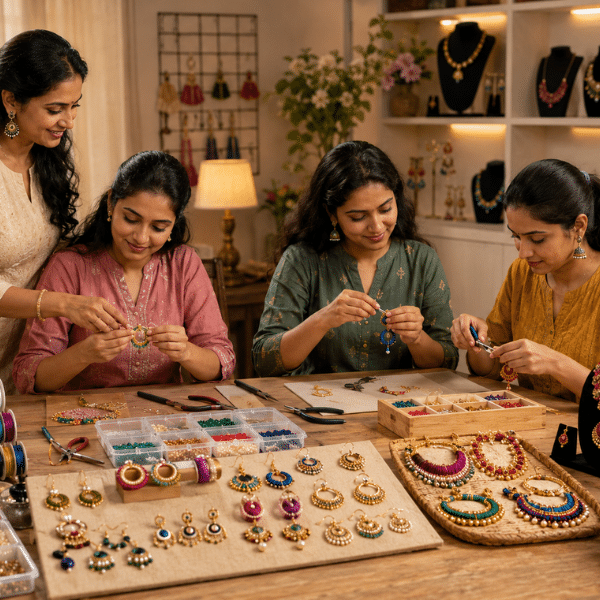 Artificial jewellery making workshop in Chennai with beads, chains, and finishing tools