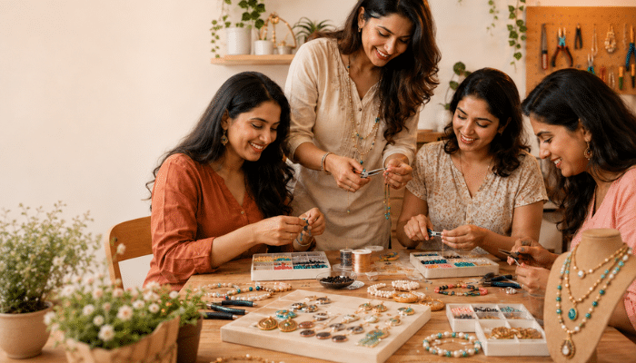 Jewellery making items including beads, silk thread, bangle bases, and decorative chains