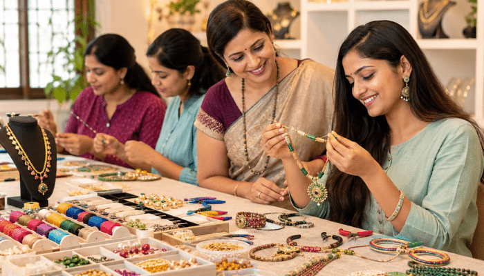 Hands crafting handmade jewellery during Jewellery Making Classes in Chennai at Iyali