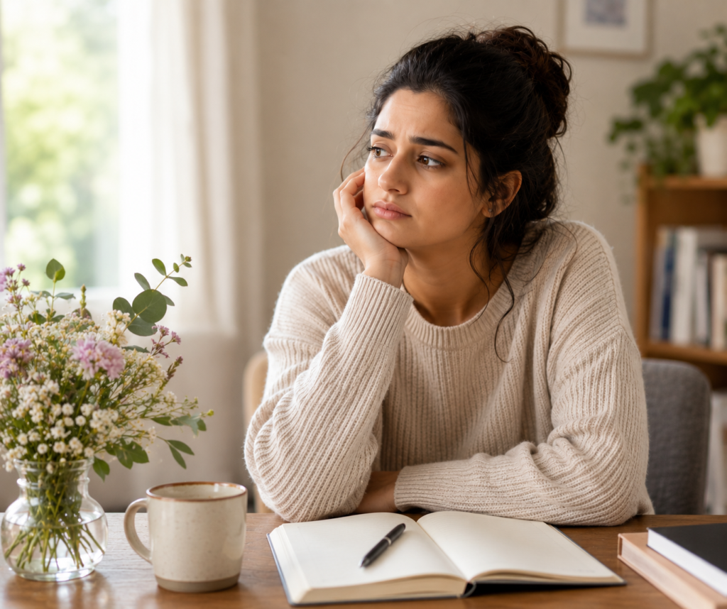 Woman sitting quietly in a calm indoor space, expressing emotional sensitivity and inner restlessness.