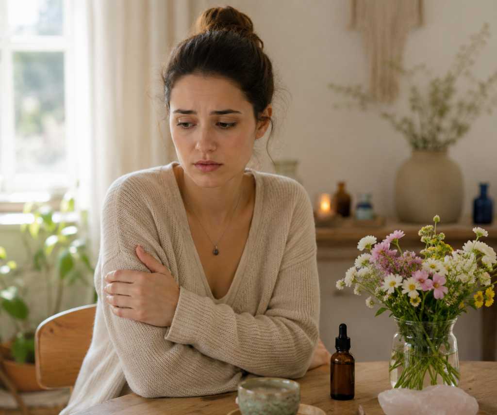 Woman looking worried in a peaceful room, representing fear, nervousness and low confidence.