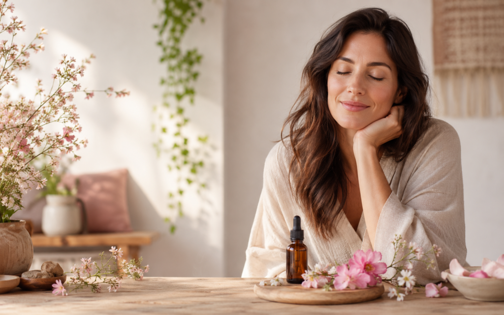 Woman sitting peacefully with flowers and a flower essence bottle, representing emotional wellness and inner balance for women.