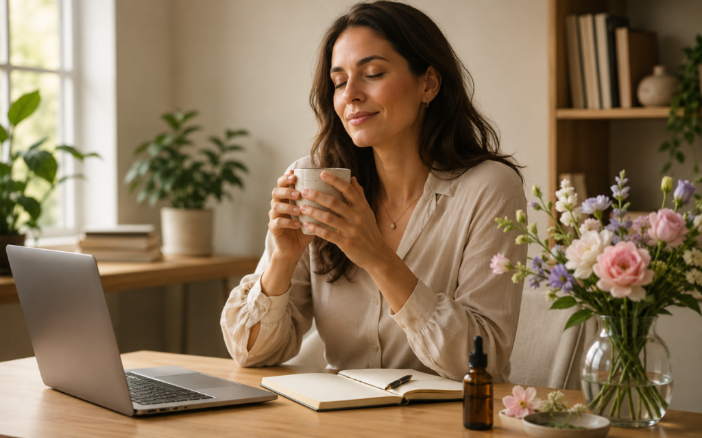 Woman taking a mindful break at her work desk with flowers and a flower essence bottle, representing support for work stress and decision fatigue.