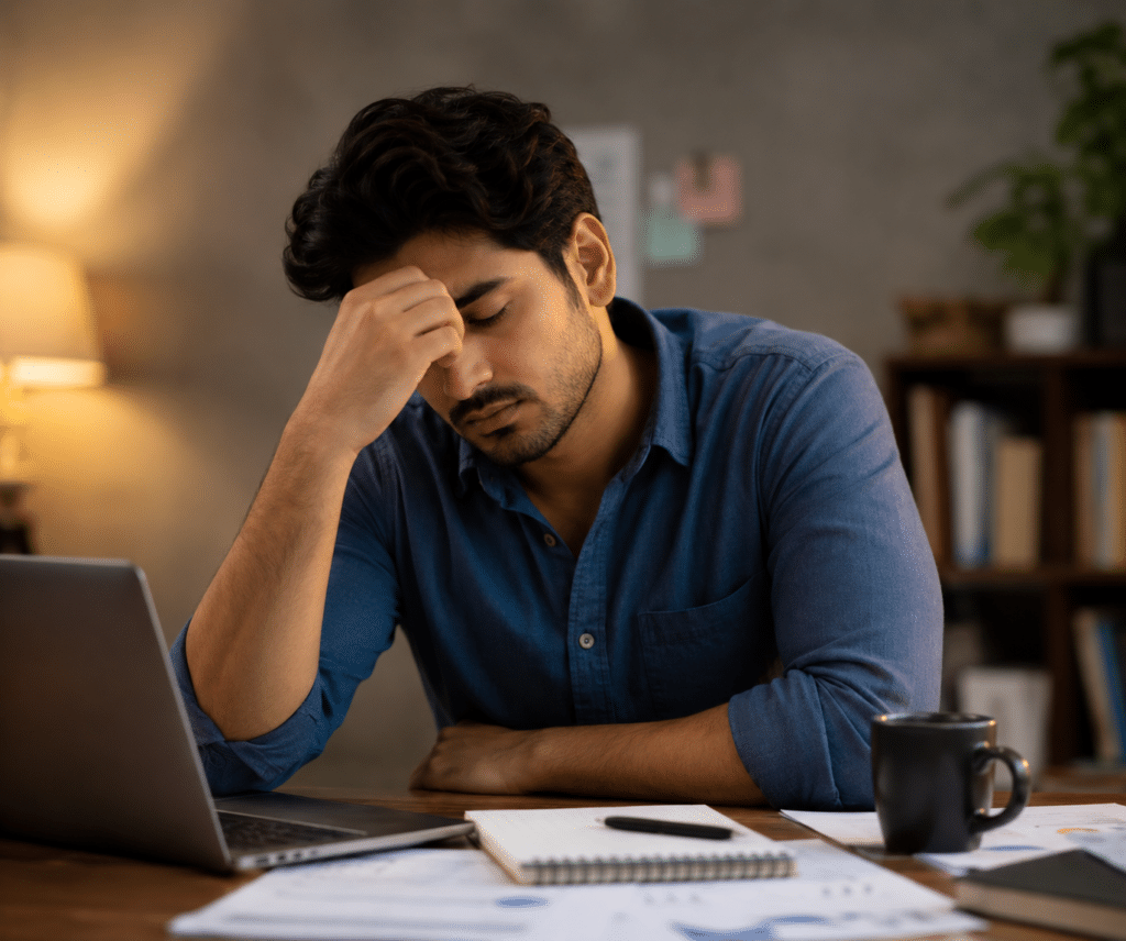 Tired person sitting at a desk with a notebook, showing low motivation, tiredness and mental fatigue.