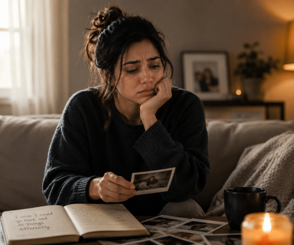 Woman sitting thoughtfully in a quiet room, reflecting on past hurt, guilt and emotional weight.