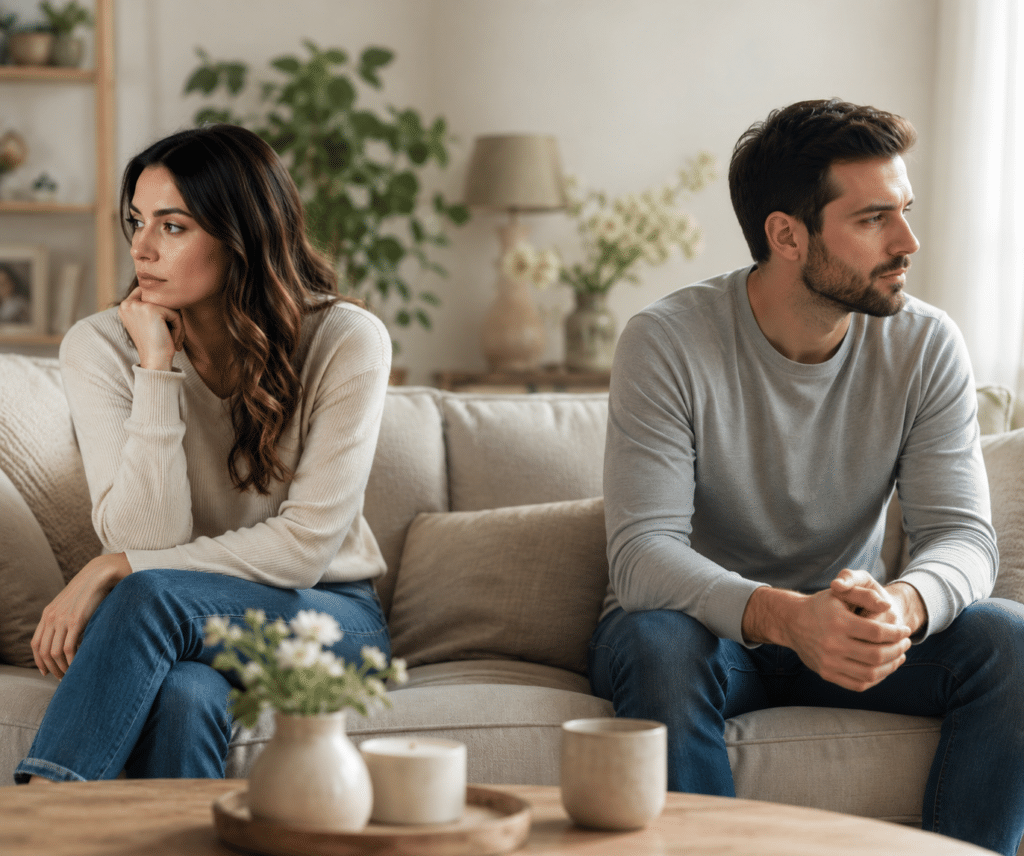 Man and woman sitting apart on a sofa, representing relationship stress and emotional boundaries.