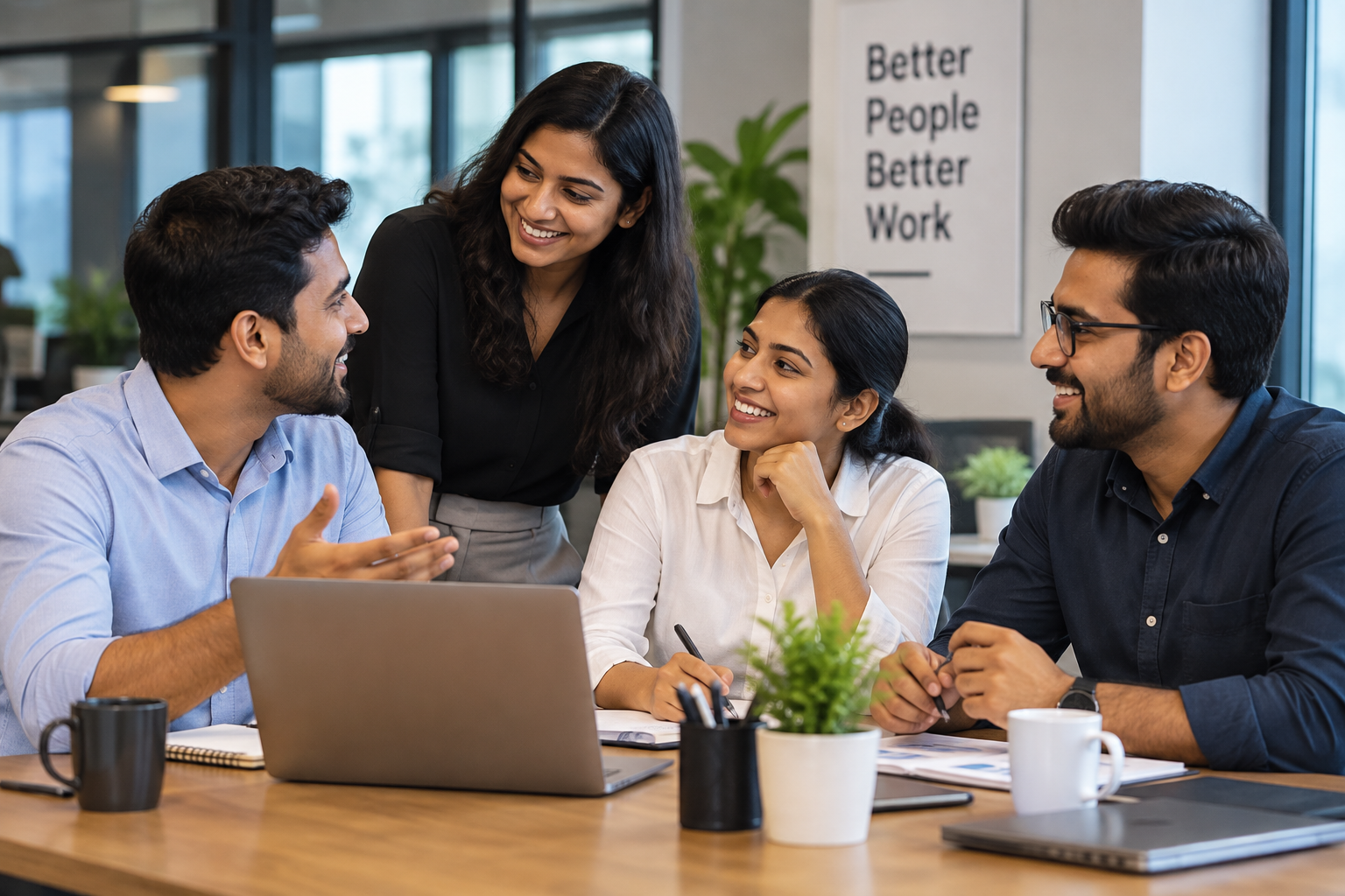 `Indian colleagues collaborating in a modern office, representing positive workplace relationships, communication and teamwork`