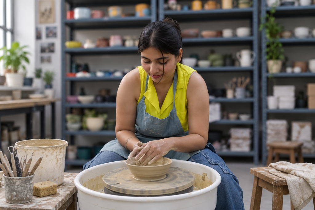 Woman shaping a clay bowl on a pottery wheel during a pottery class at Iyali Academy in Chennai