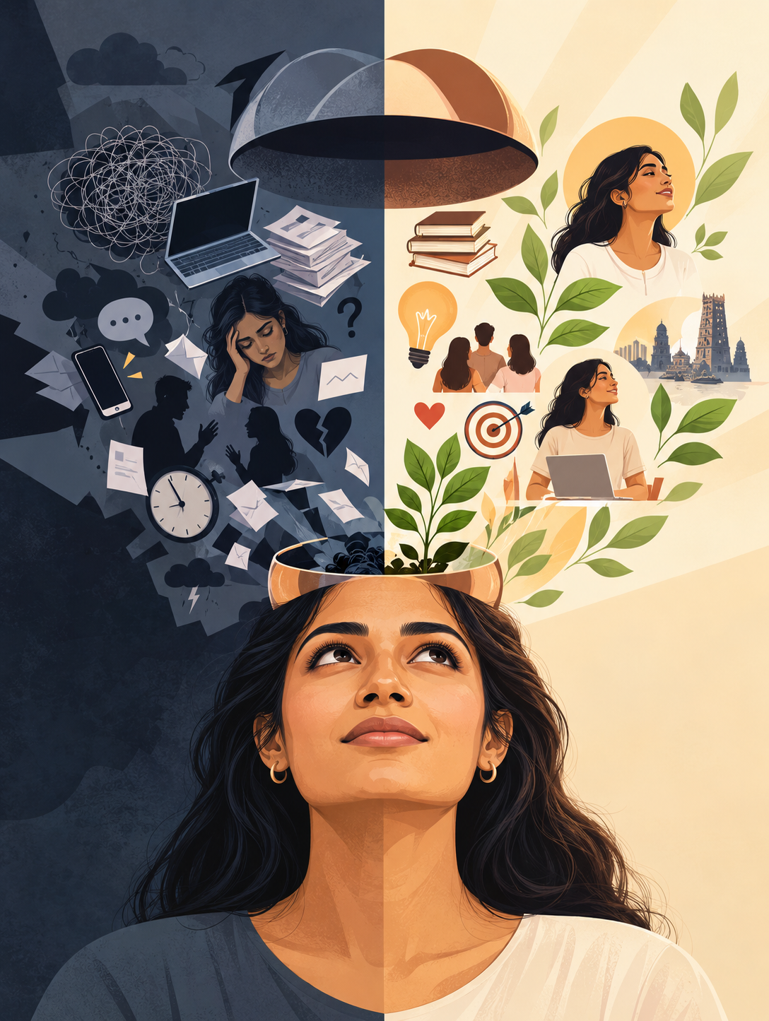 Indian woman moving from emotional overwhelm to calm self-awareness and personal growth