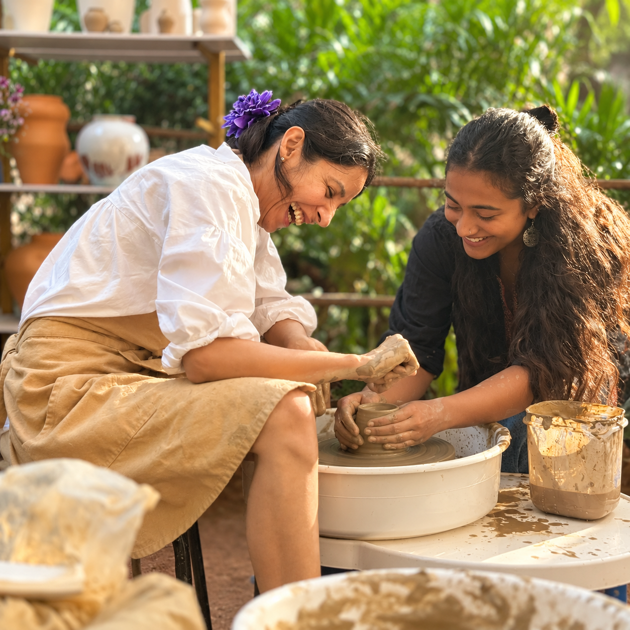 Two women enjoying a hands-on pottery class while shaping clay on a pottery wheel at Iyali Academy in Chennai