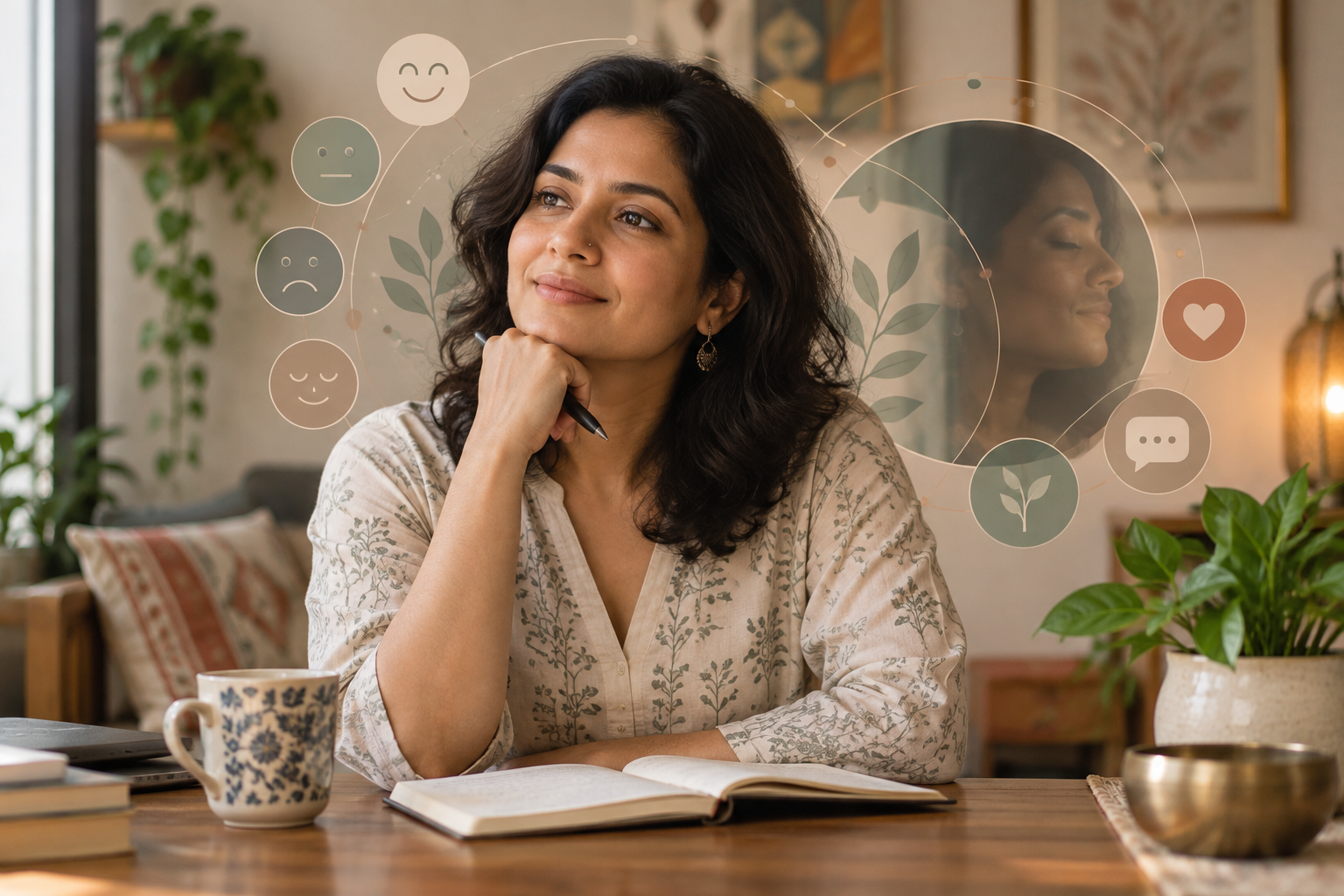 `Indian woman reflecting on her emotions and developing greater emotional awareness through self-reflection`