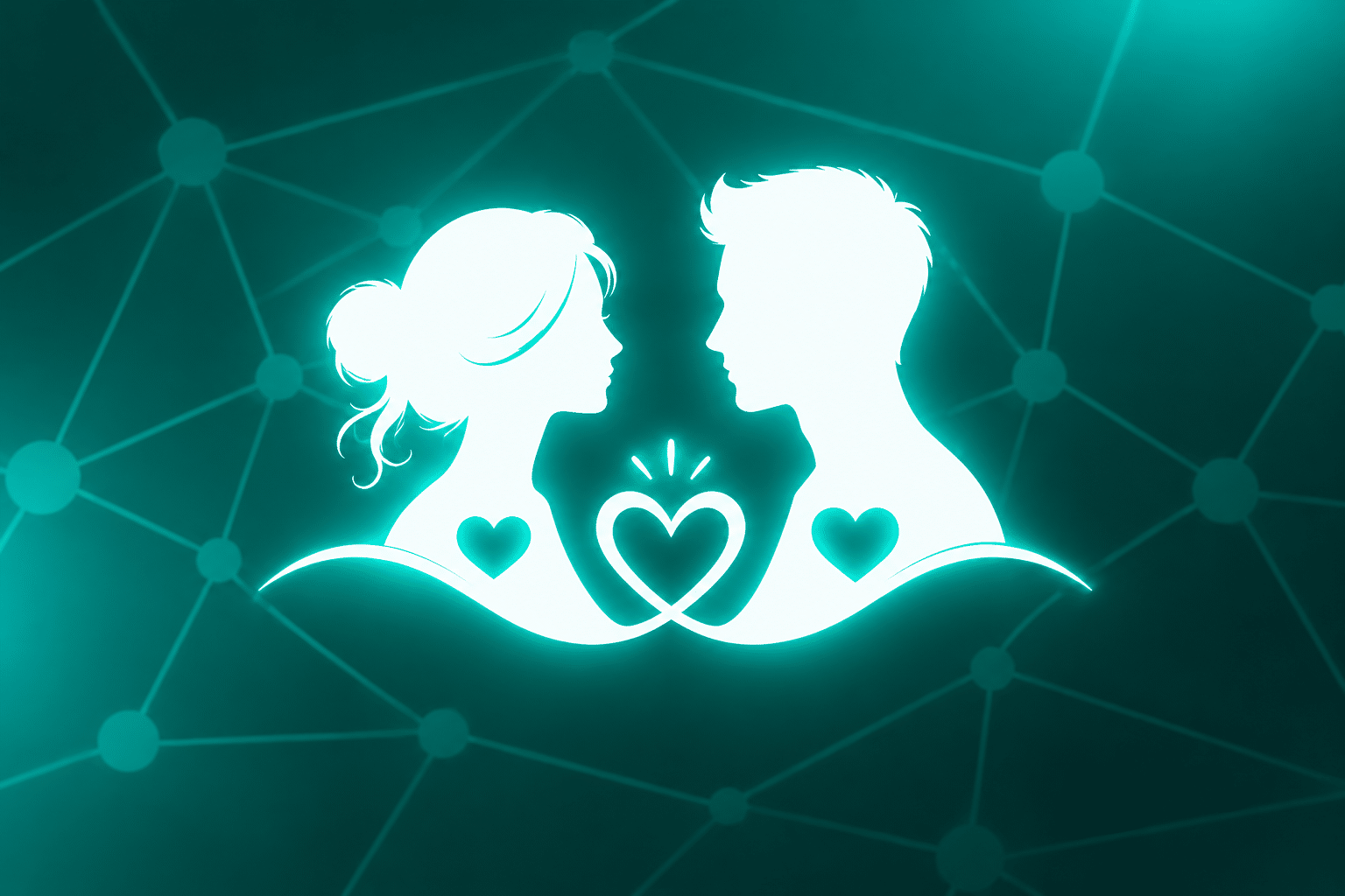 `Couple facing each other with heart symbols representing emotional connection, understanding and personal relationships`
