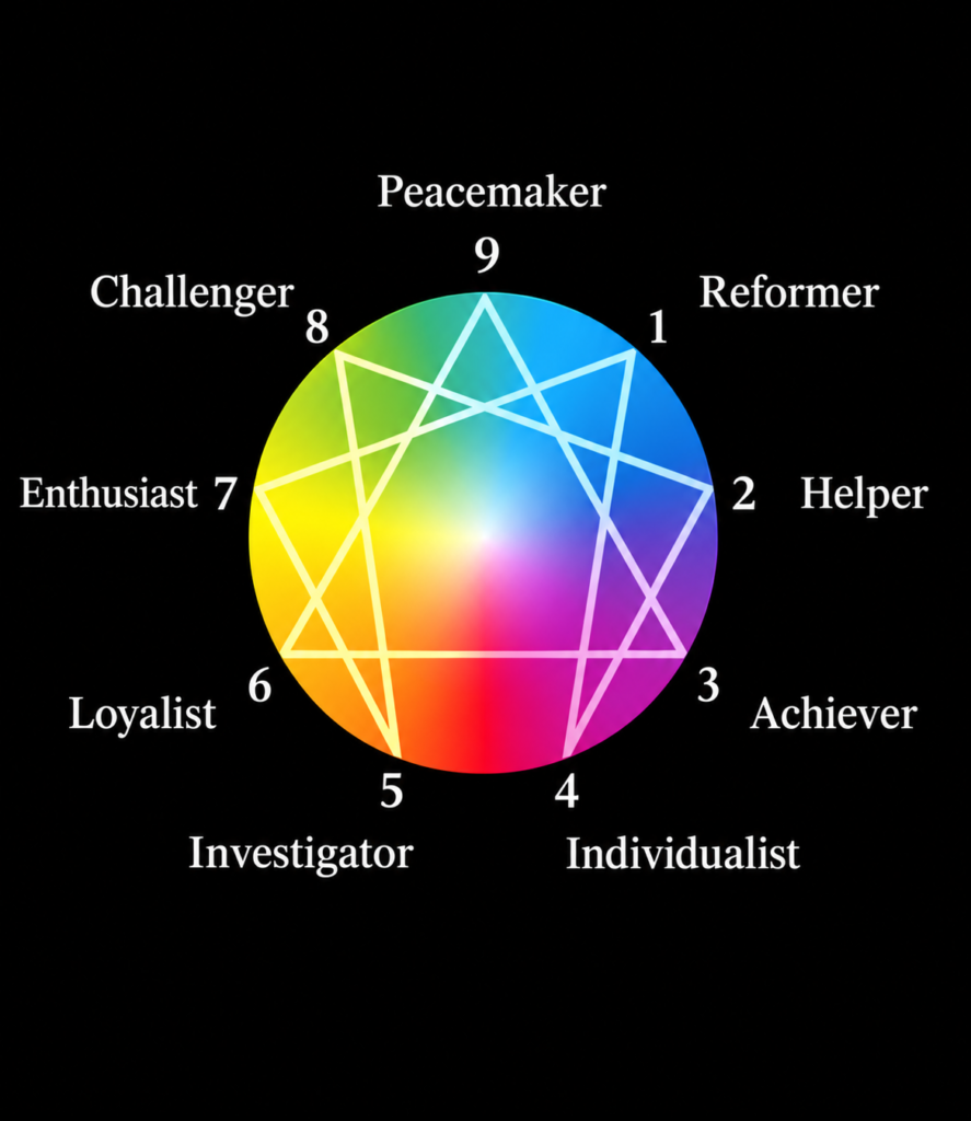 `Colorful Enneagram diagram showing the nine personality types and their interconnected patterns`