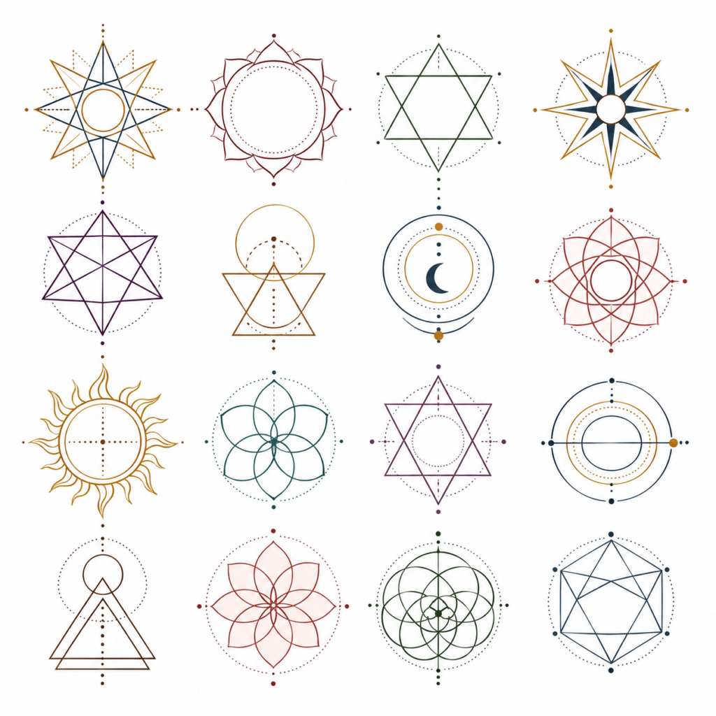 Geometric Enneagram-inspired symbols representing personality patterns, self-awareness and personal growth
