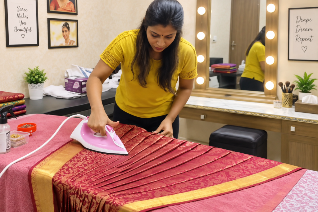 Woman ironing and preparing neat saree pleats during a saree draping class.