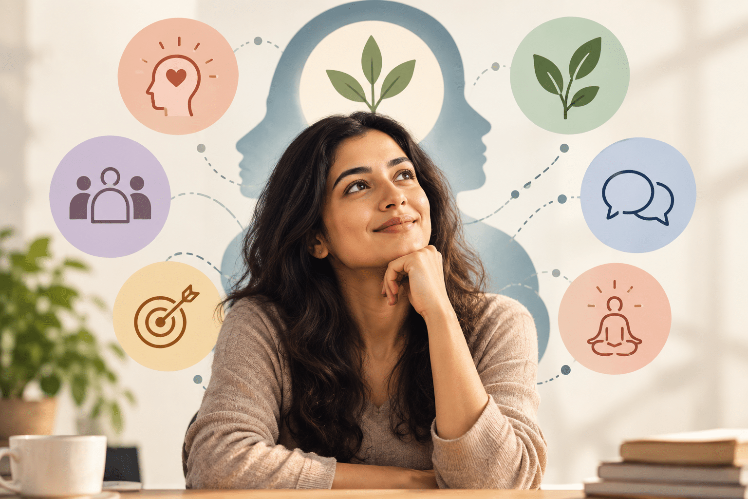 `Indian woman reflecting on self-awareness, communication, relationships and personal growth`