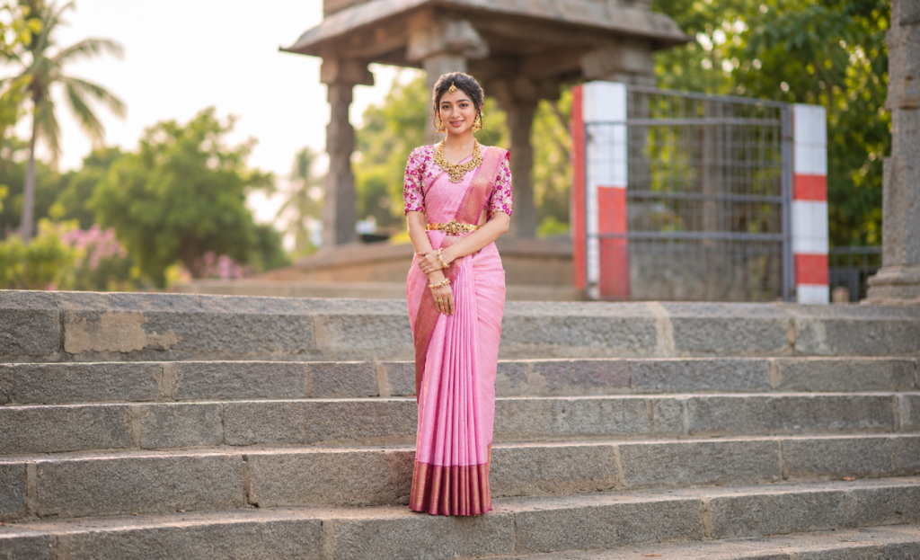 Woman in a pink saree standing on temple steps, showcasing elegant saree draping for a saree draping class.