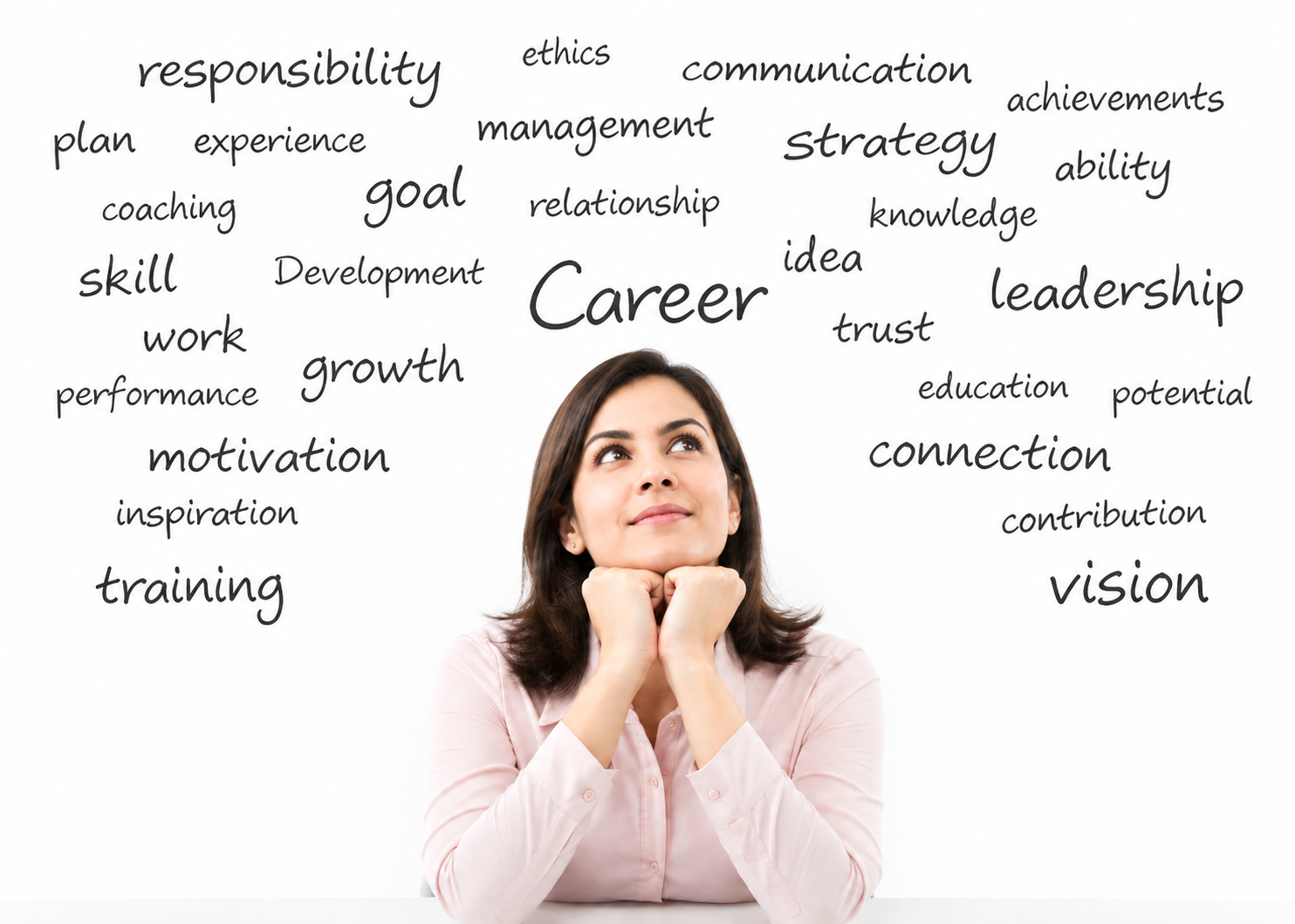 `Woman reflecting on career goals, leadership, communication, growth and professional development`